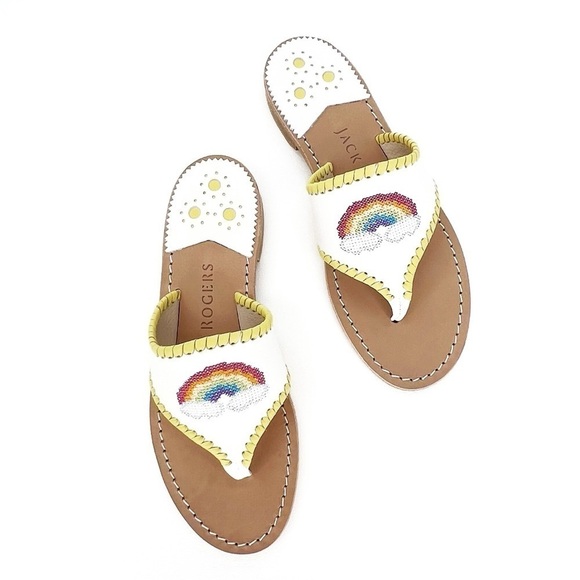 Jack Rogers Embroidered Sandals Rainbow & Clouds Size 6 White Yellow Thong New - Picture 1 of 9